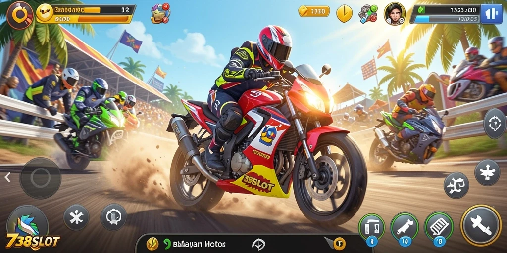 Screenshot game 738SLOT menampilkan aksi balapan motor yang seru.