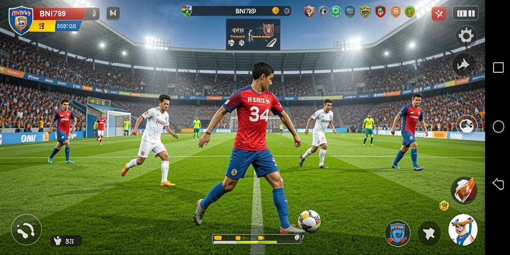 Screenshot gameplay BNI789 menampilkan aksi seru di lapangan sepak bola.