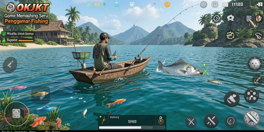 Screenshot gameplay yang menunjukkan aksi memancing yang seru di OKJKT.