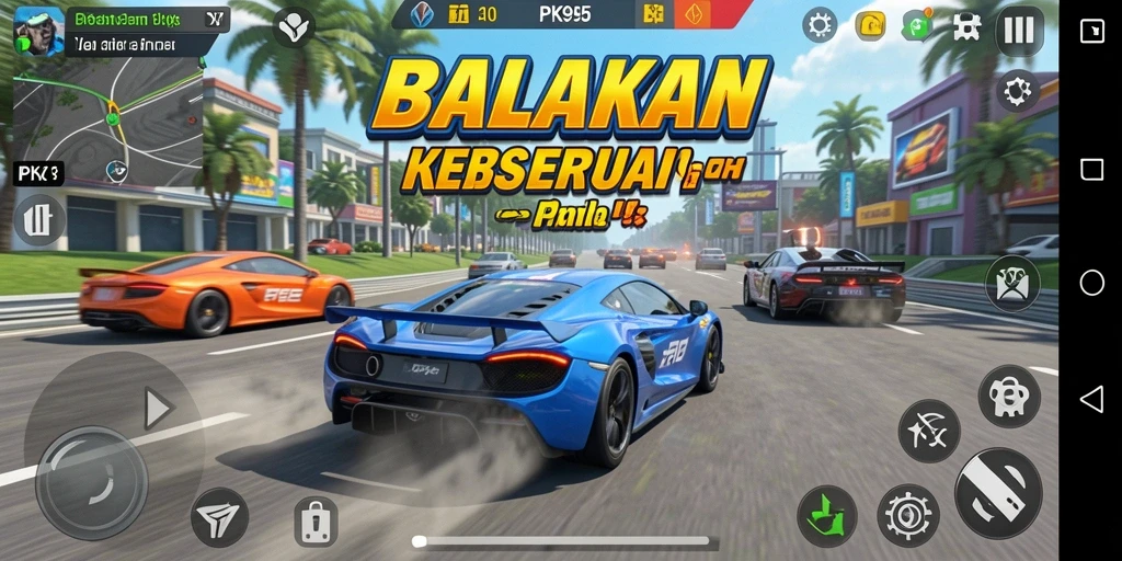 Screenshot gameplay PK95 yang menunjukkan balapan mobil yang mendebarkan.