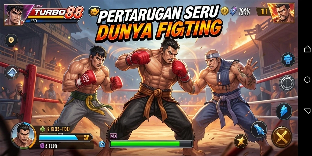 Tangkapan layar utama TURBO88 menampilkan aksi pertarungan yang intens.