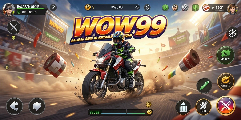 Screenshot gameplay WOW99 menampilkan mobil balap yang melaju kencang di sirkuit.